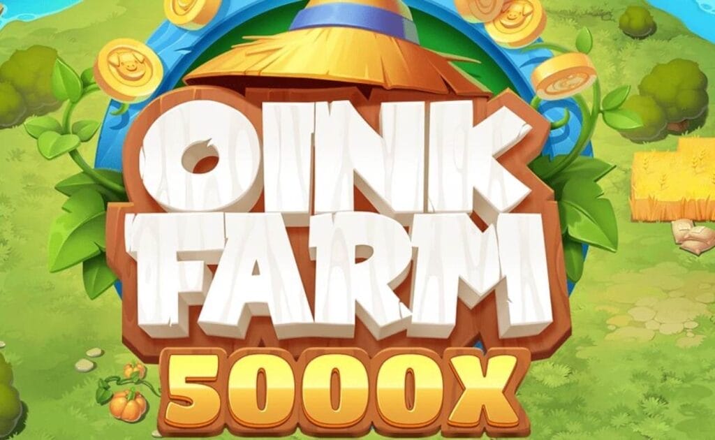 Oink Farm online slot logo in white, gold and brown. There are gold coins with pigs on it surrounding the logo. The background shows a cartoonish green landscape with trees, hay and a body of water.