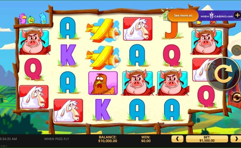 When Pigs Fly online slot with cartoon pigs, sheep, an aeroplane, and playing cards on beige reels. The background shows a cartoonish countryside with a blue sky.
