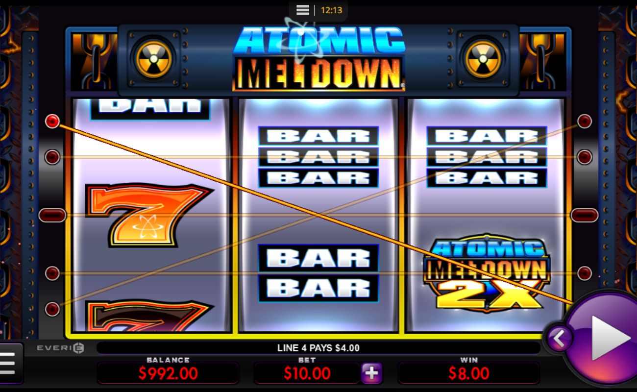 Screenshot of the Atomic Meltdown online slot game, showing a small win of $8.00.