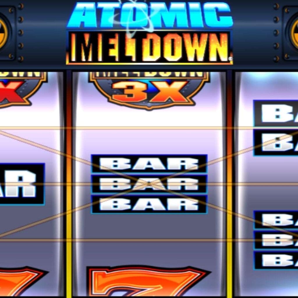 Closeup of the Atomic Meltdown online slot game reels.