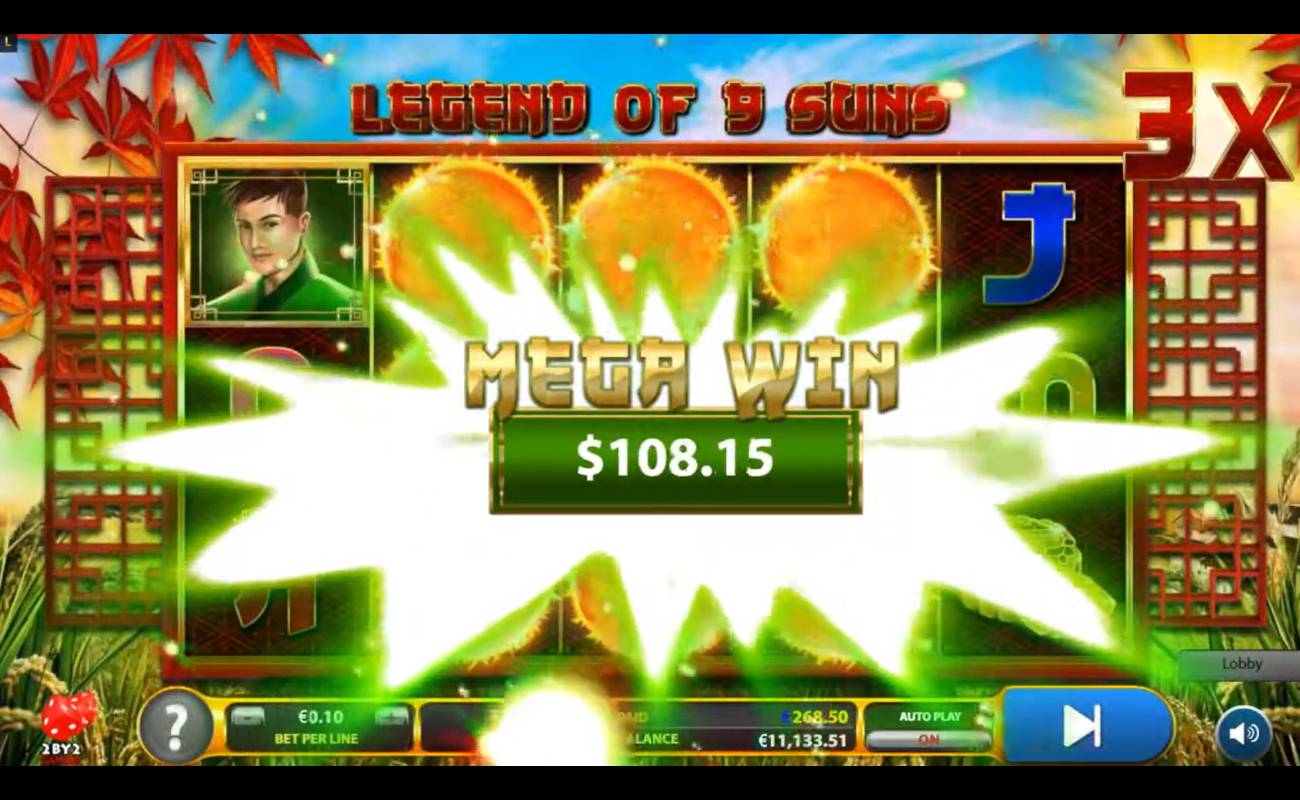 Screenshot of a mega win in Legend of 9 Suns. A bright green light shines behind the win as it increases in value.