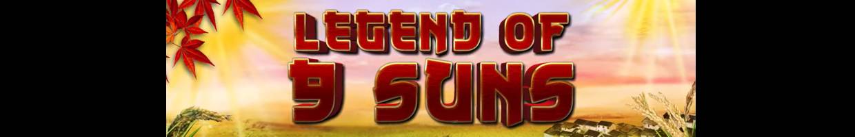 A screenshot of the Legend of 9 Suns title screen. The game’s title is written in an Asian-style font and is set against a field with a small village and bright blue skies with scattered clouds.