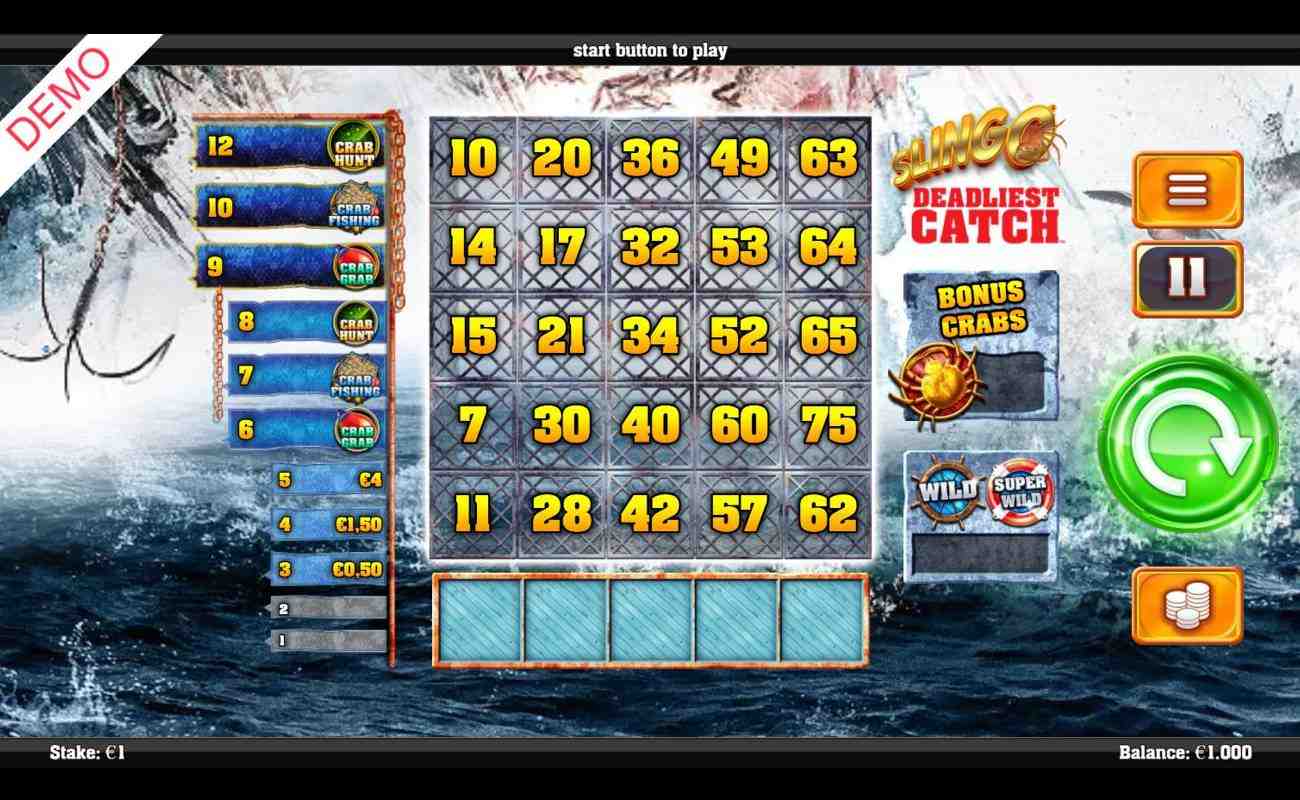 A screenshot of the reels in Slingo Deadliest Catch. The background is a stormy sea with crashing waves. A fishing hook is visible on the left and a whale tail on the right. The grid, reels, Slingo levels, and special symbols are in the center of the screen. The grid displays a random series of numbers.