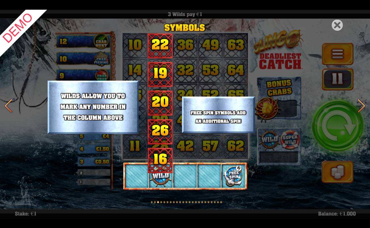 A screenshot of the reel and grid in Slingo Deadliest Catch with instructions about how the wild and free spin symbols work.