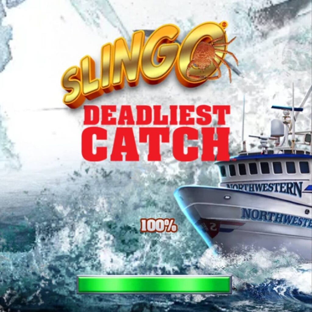 A screenshot of the Slingo Deadliest Catch title screen. The title is on the right side of the title screen with the reels in the center. The backdrop is a shipping yard filled with fishing vessels.