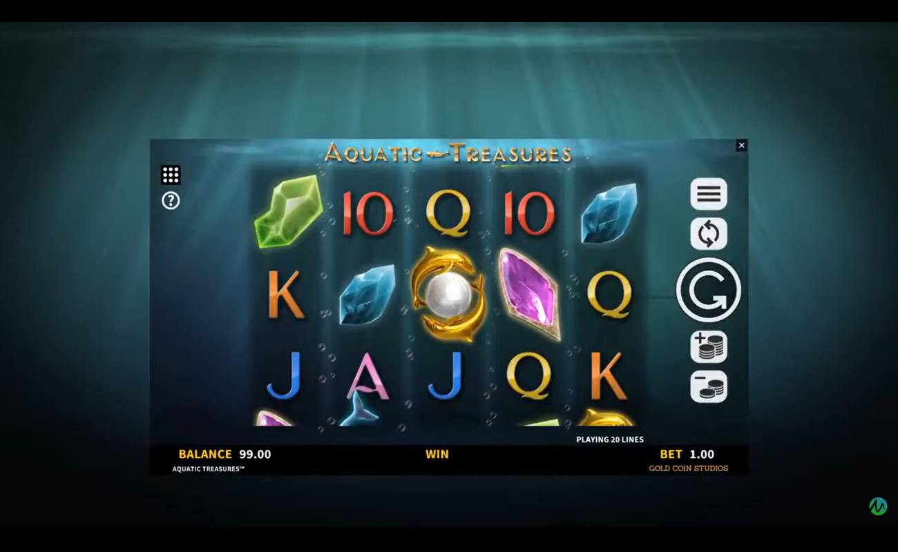 A screenshot of the reels in Aquatic Treasures. The game is set against a dark ocean with light piercing from above. The reels contain a variety of symbols including gems and pearls, as well as symbols including a K, Q, J, and 10.