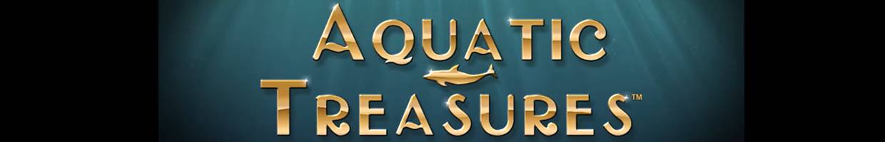 A screenshot of the title screen for the Aquatic Treasures slot. The game title is set in a gold font with a dolphin logo against a dark blue ocean background.