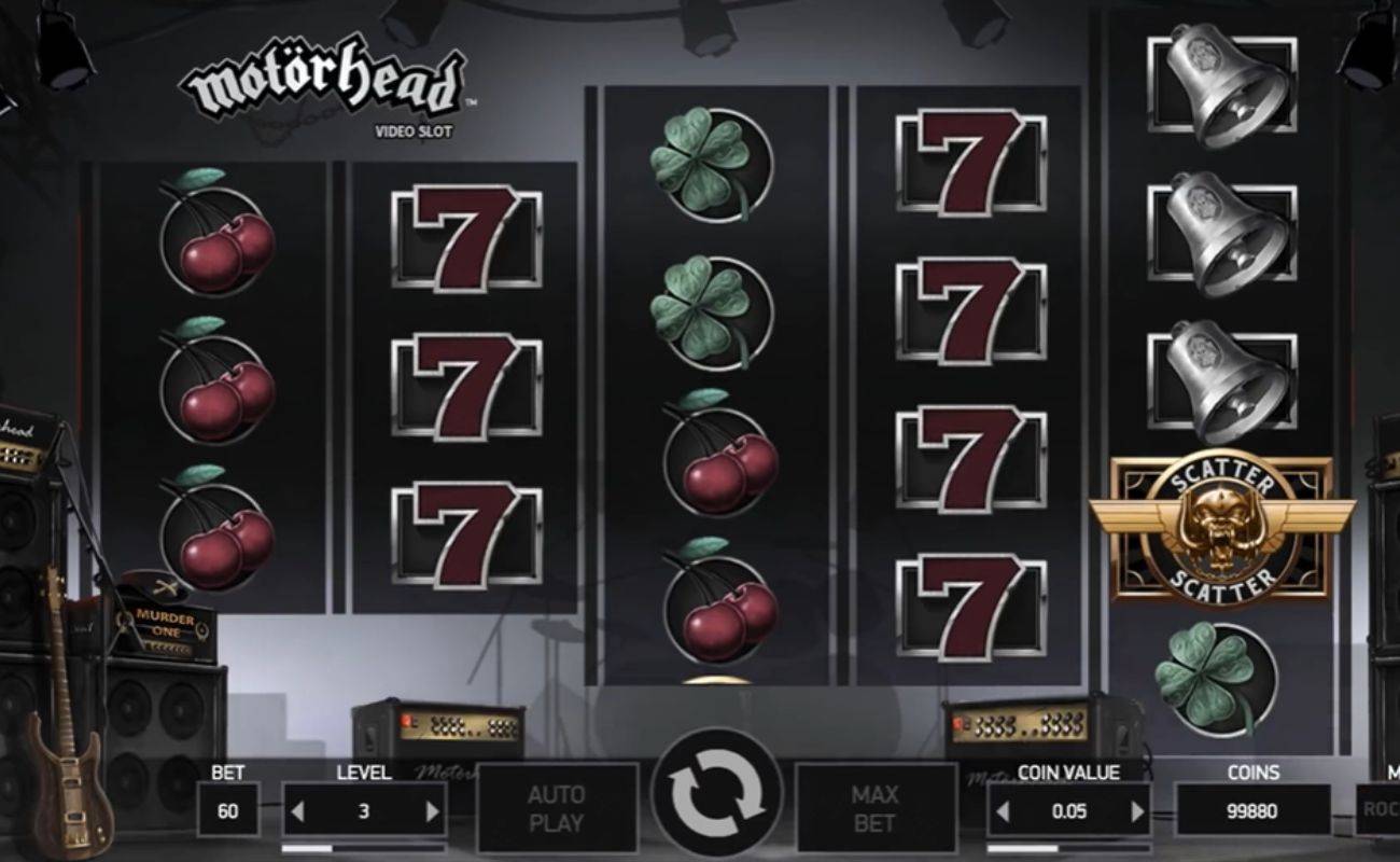 Screenshot of the Motörhead online slot game, showing game play, sevens, cherries, silver bells, and shamrocks slot symbols, on a dark live music stage background.