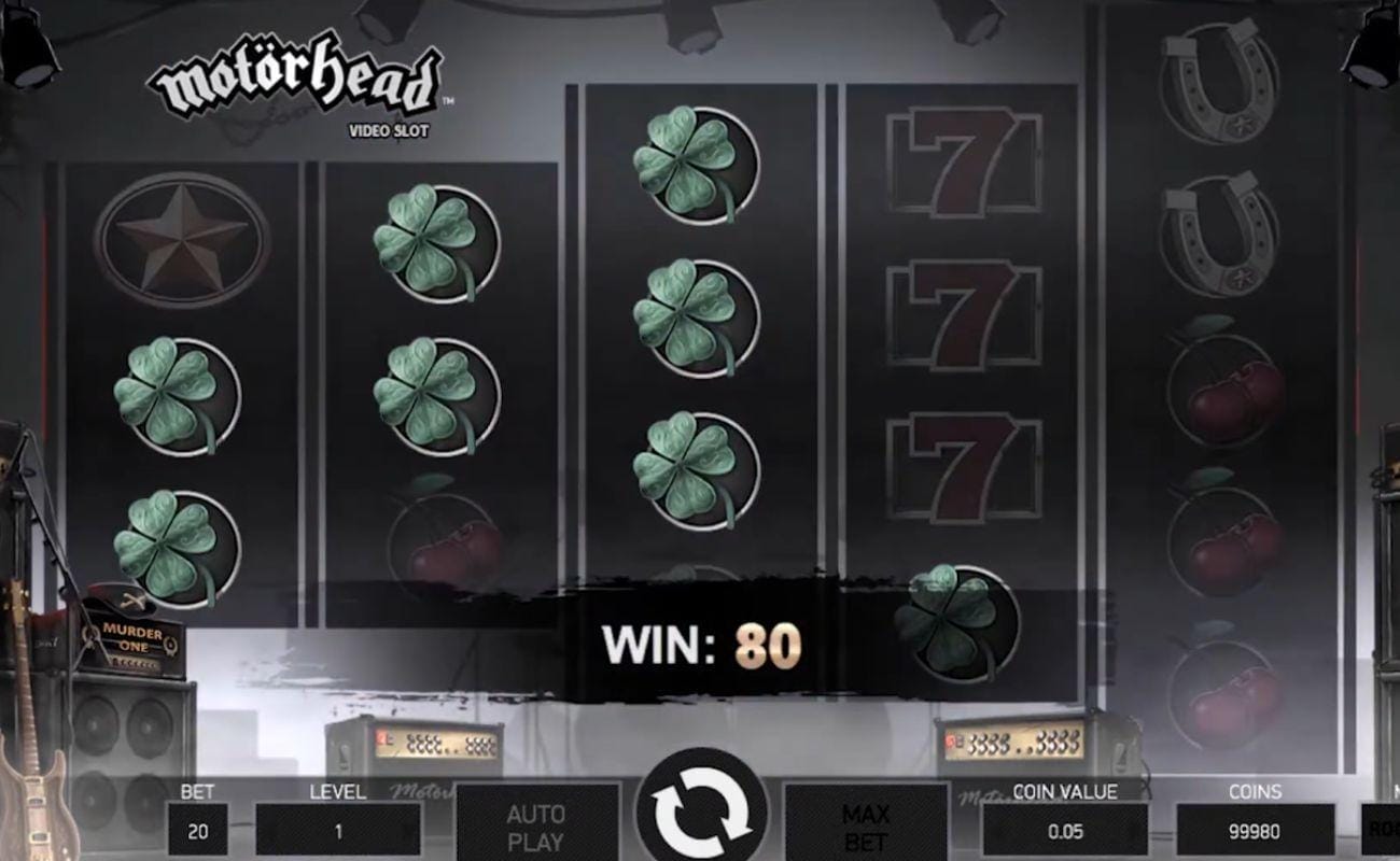 Screenshot of the Motörhead online slot game, showing a 80.00 win.