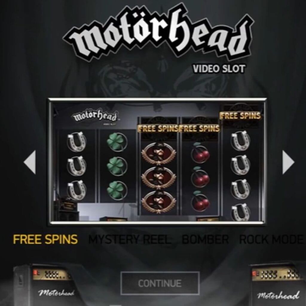 The Motorhead online slot game loading screen, featuring the game logo, information about free spins, and a “continue” button, on a dark live music stage background.