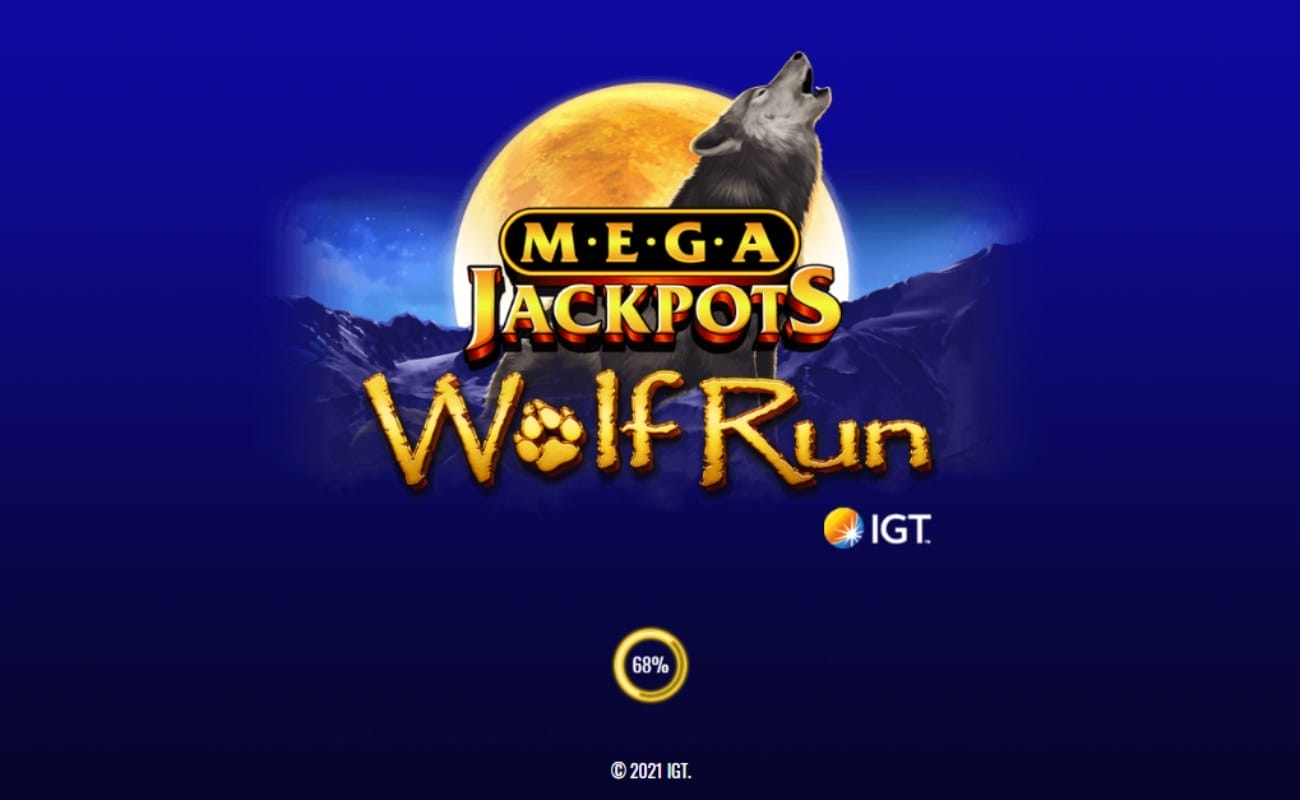 MegaJackpots Wolf Run online slot logo with a howling wolf and moon against a blue background and mountain.