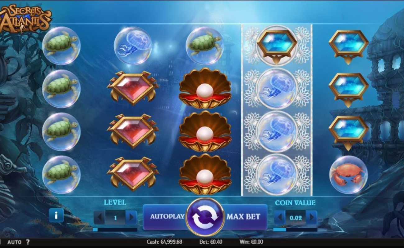 The Secrets of Atlantis online slot features turtles, crabs, and jellyfish in a water bubble. The reels also have red and blue gemstones. The background depicts an underwater world with stone architecture and ornaments.