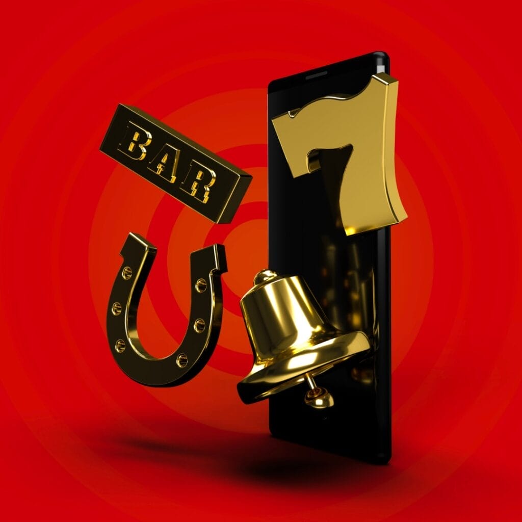 Classic slot machine symbols such as gold bar, gold seven, gold horseshoe and gold bell with a black smartphone against a red background.