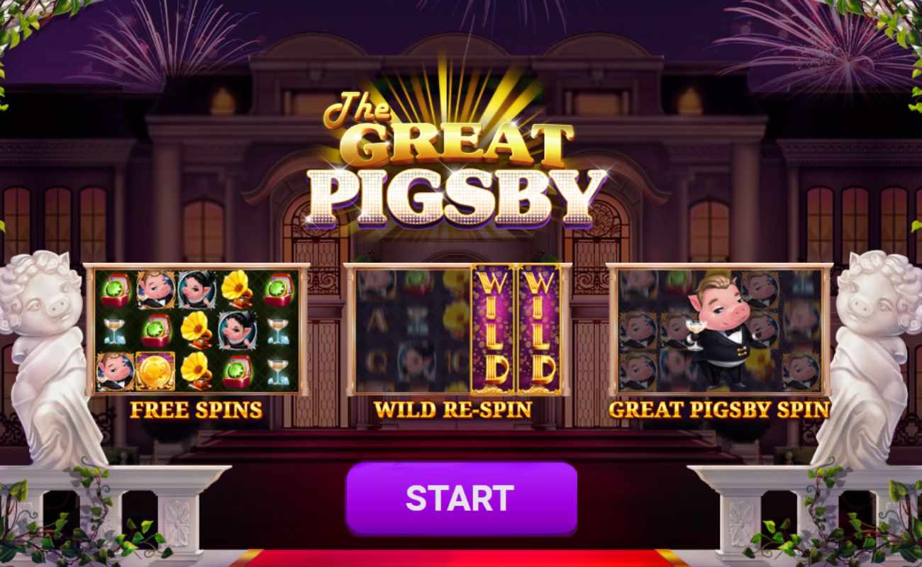 The Great Pigsby online slot logo in gold and diamonds. The background shows a banquet hall and below the logo is the free spins, wild re-spin and Great Pigsby spin features.