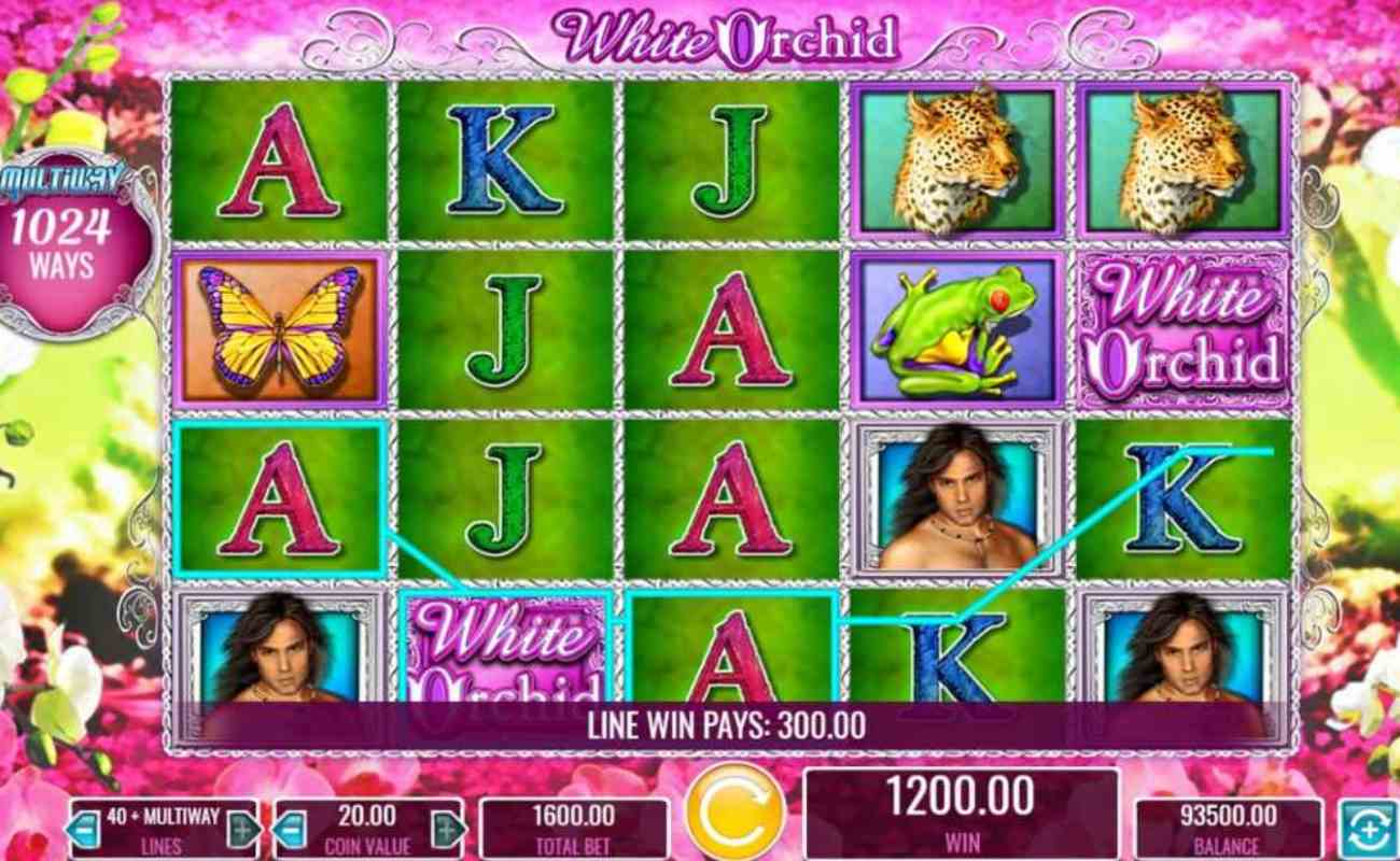 White Orchid online slot with playing cards (J, K and A) against green reels. There are character symbols such as butterflies, a leopard, a frog and a man with long hair on the reels too. The background includes green and pink flower imagery.