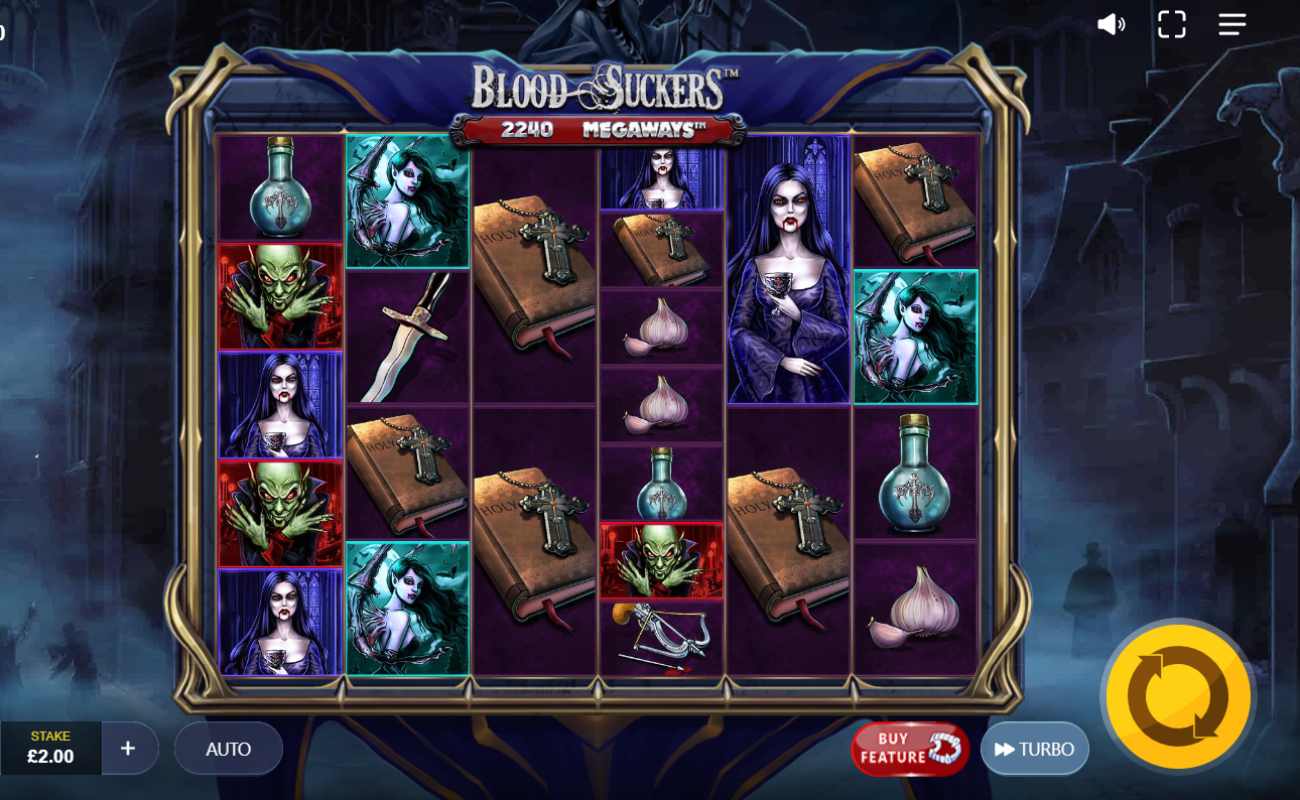 Blood Suckers Megaways online slot reels with the Holy Bible, potion, garlic, and vampire symbols. The background shows a silhouetted cityscape at night with people walking in the street.
