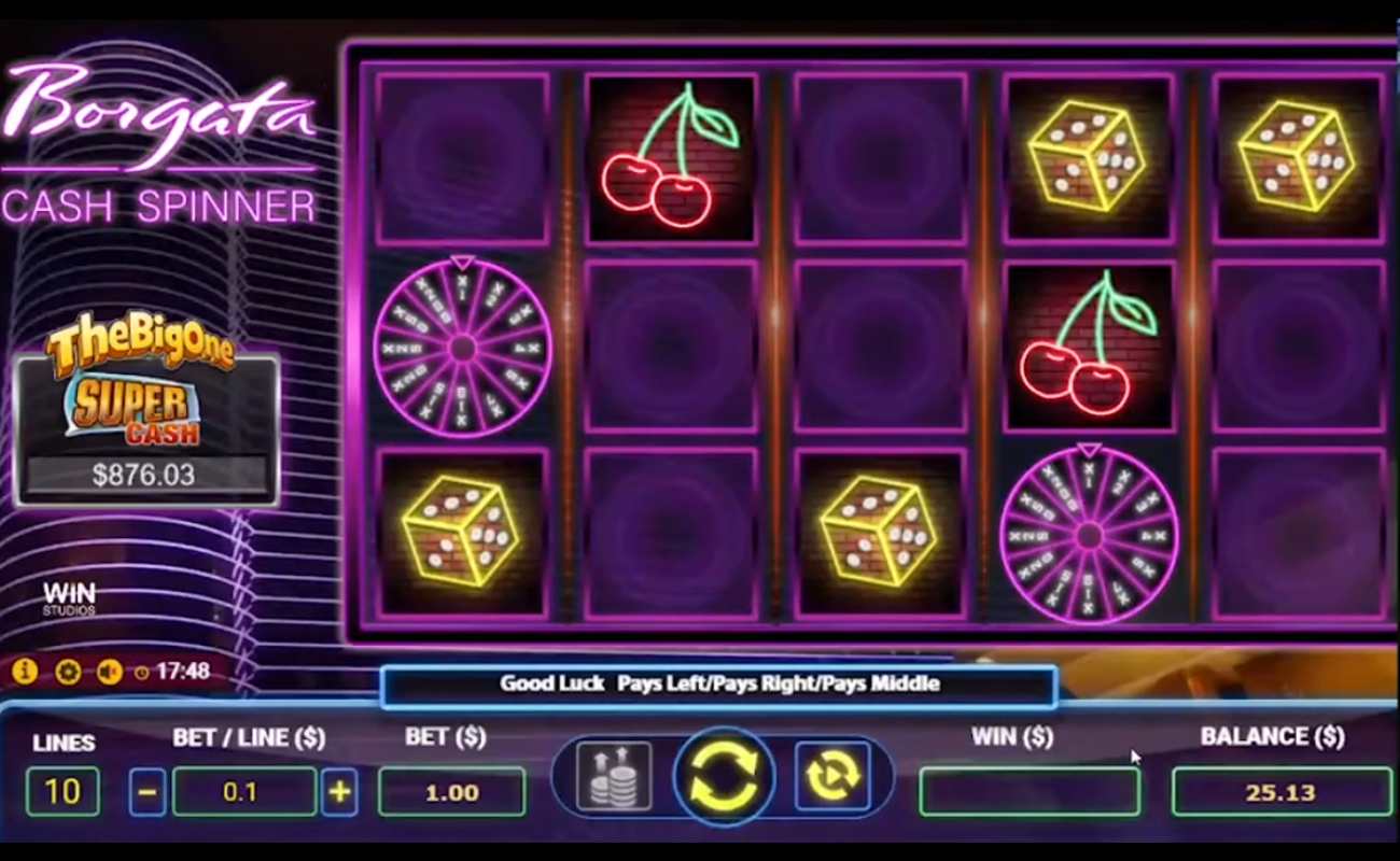 Borgata Cash Spinner online slot with neon reels showing cherries, dice and a wheel of fortune. The Borgata Cash Spinner logo is situated on the left side of the reels.