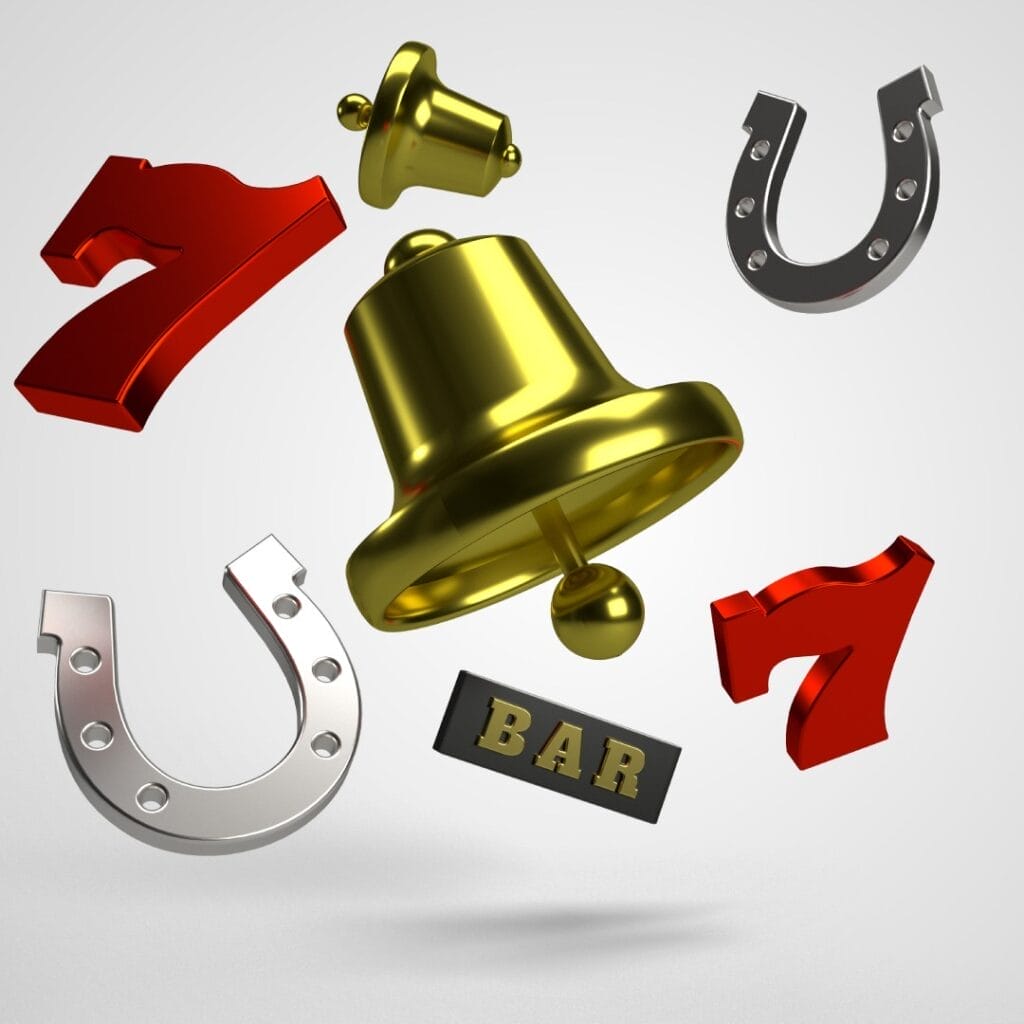 A white background with silver horseshoes, black and gold bar, red sevens, and gold bells.