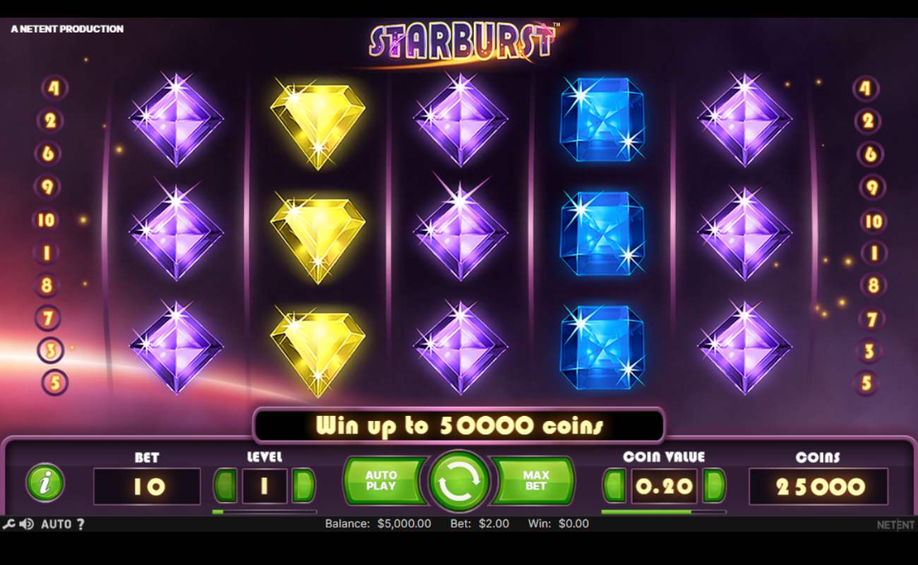 Starburst is an online slot with yellow, purple, and blue gemstones on the purple reels. The control panel with green buttons is located at the bottom of the screen.