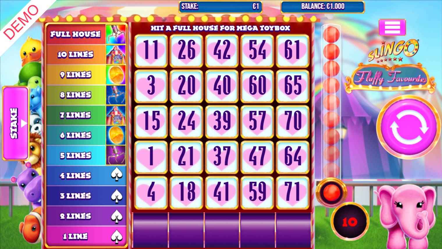 A screenshot of the grid in Slingo Fluffy Favorites. The game is set against a carnival background. The grid is in the center of the screen and has a variety of numbers. The potential bonus games you can unlock are on the left of the grid. Next to the bonus games are a variety of cute stuffed animals, including a fish, hippo, lion, and panda.