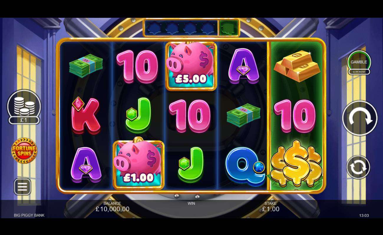 A screenshot of Big Piggy Bank. The game is set inside a bank in front of a highly secured vault door. The reels contain a variety of symbols, including piggy banks, gold bars, and dollar symbols, as well as standard symbols like the A, K, Q, J, and 10.