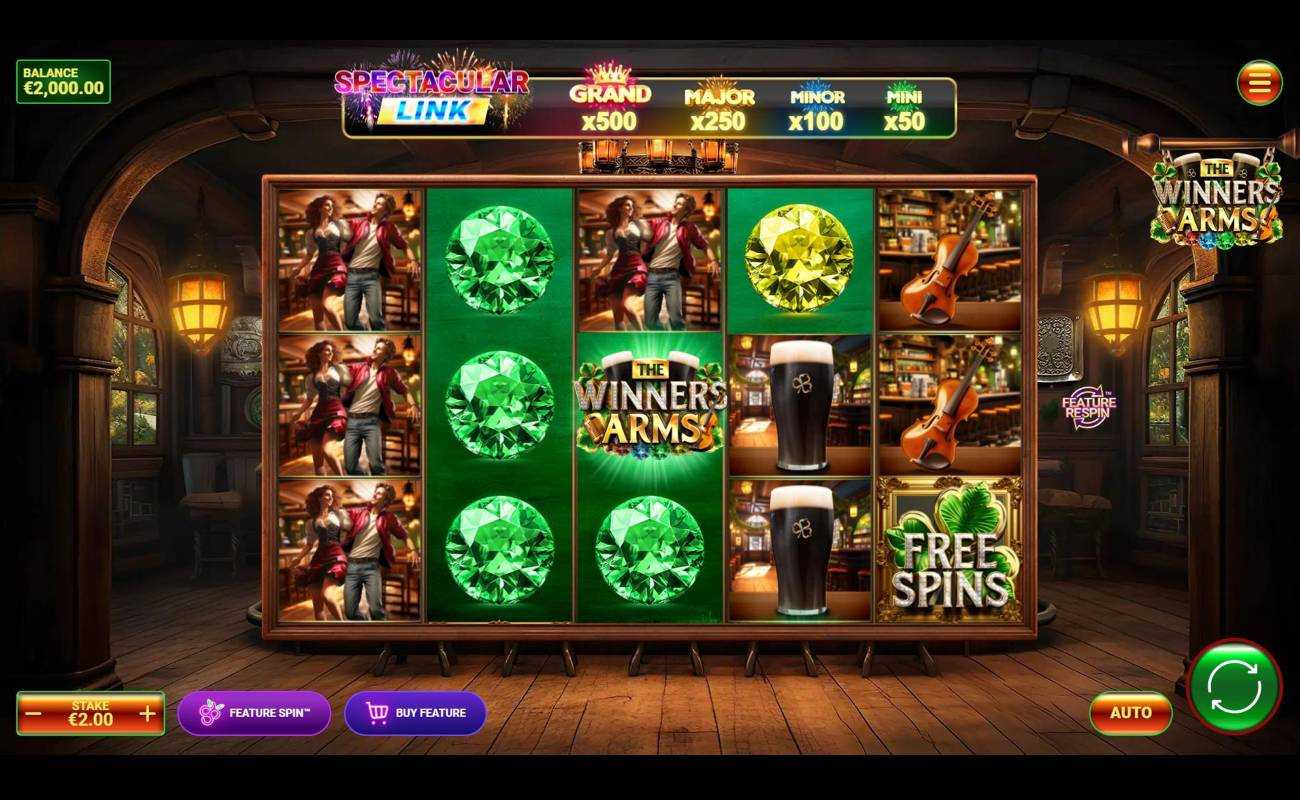A screenshot of the reels in The Winners Arms. The background is a welcoming Irish pub. The reels are set in a wooden frame with various symbols, including a violin, a glass of Guinness, and colored gems appearing on the reels.