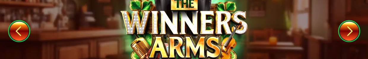 A screenshot of The Winner’s Arms title screen. The title features the game’s name and various other items, including four-leaf clovers, a microphone, and a violin. The game’s title is set against a background of an Irish pub.