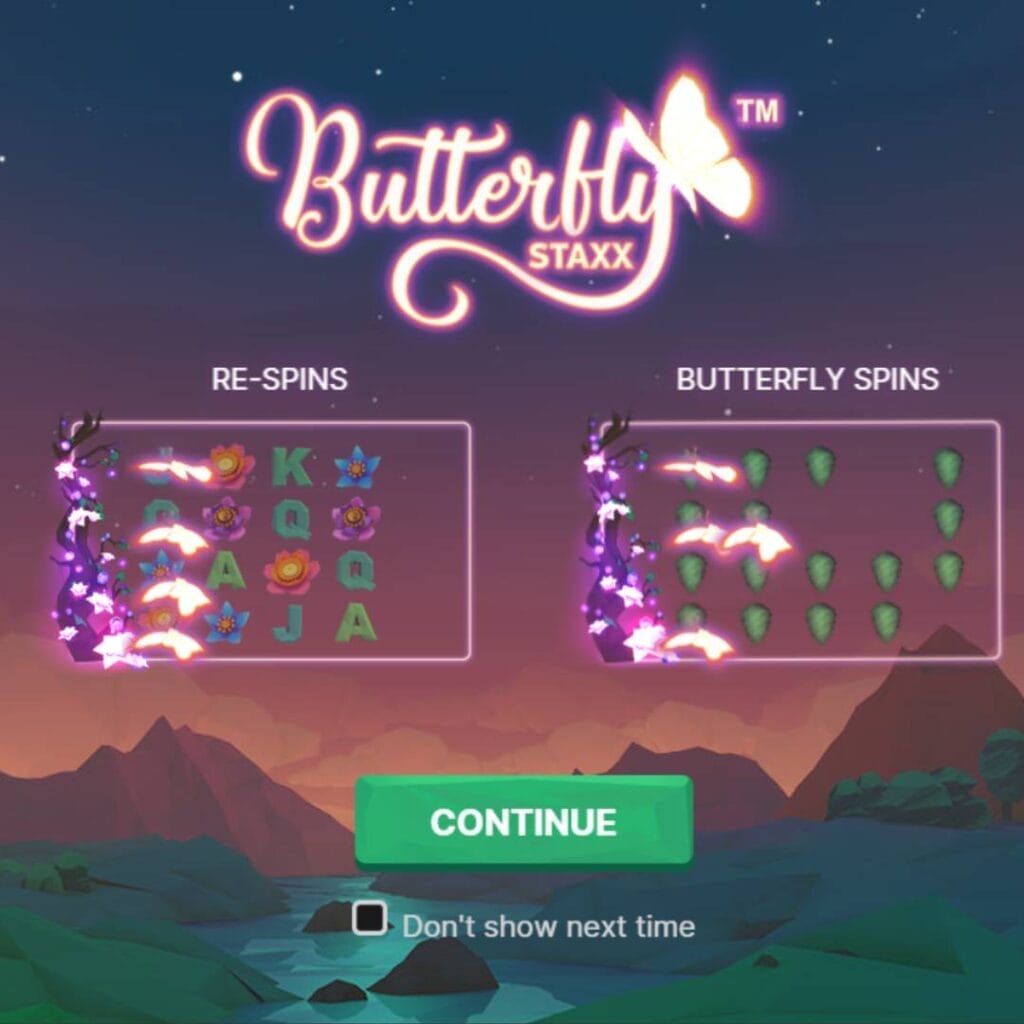 A screenshot of the Butterfly Staxx title screen. The word “Butterfly” is written in cursive with the silhouette of a butterfly that’s sitting on the edge of the letter “y.” The backdrop is a calming dusk sky.
