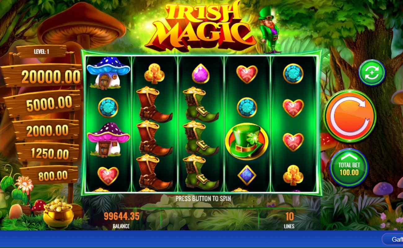 Irish Magic online slot with leprechaun boots, a green leprechaun hat, toadstools, and playing card suits on the emerald-green reels. The jackpot prizes are written on wooden boards on the left side of the reels. The background shows an enchanting green forest with a pot of gold, mushrooms, flowers, and trees.