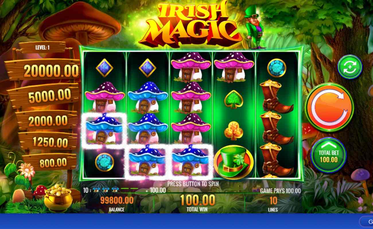 Irish Magic online slot with a winning combination of blue toadstools. There are leprechaun boots and playing card suits on the reels. The background shows a cartoonish emerald forest with trees, a pot of gold, and mushrooms.