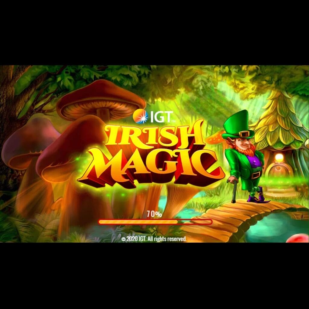 The Irish Magic online slot logo is set in an enchanting forest with mushrooms, a leprechaun, and lots of trees in the background.