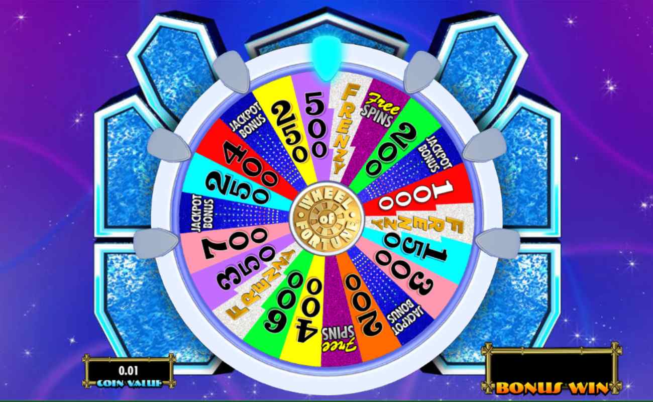 Wheel of Fortune Hawaiian Getaway online slot bonus wheel screen with colorful slices on the wheel. The wheel is surrounded by a blue crystal-like image with a purple background.