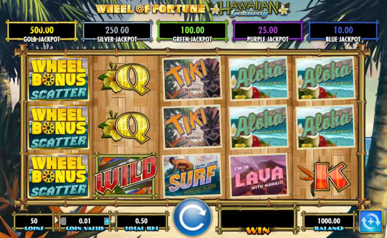 Wheel of Fortune Hawaiian Getaway slot with Hawaiian-themed symbols, K and Q playing card symbols, and a scatter symbol on the bamboo reels. The background shows palm trees and a glimpse of the beach. The jackpot prizes are located above the reels.