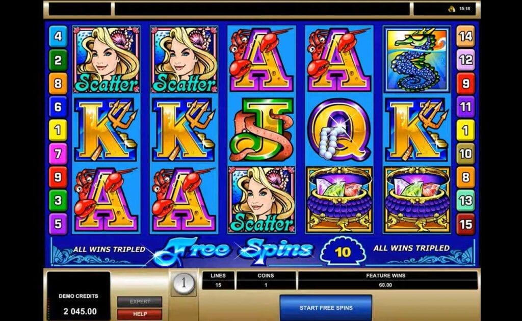 A screenshot of the free spins mode in Mermaids Millions. The reels are identical to the base game except for the text that highlights the fact that the free spins mode has started and that all wins are tripled. A clamshell shows the number of remaining free spins.