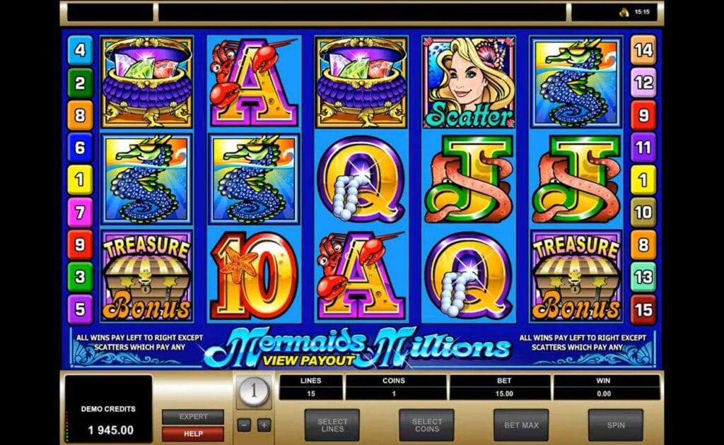 A screenshot of the Mermaids Millions reels. The reel background is clear blue and the reels contain a variety of cartoonish symbols, including a seahorse, treasure chest, and mermaid.