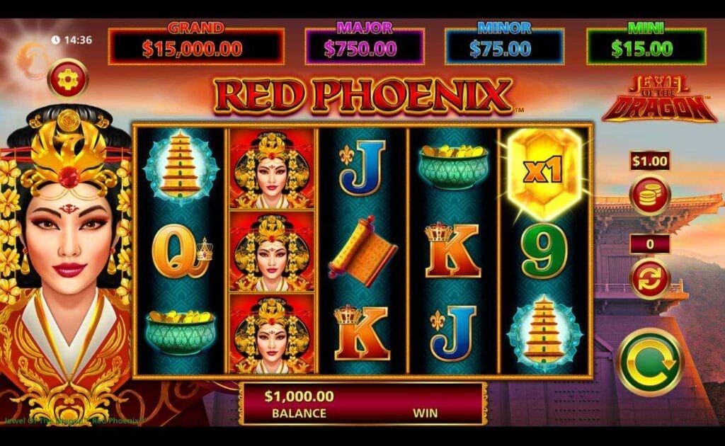 A screenshot of the Jewel of the Dragon Red Phoenix slot. The game’s backdrop is a Chinese temple. The reel contains a variety of symbols, including a pagoda, a bowl with gold coins, a scroll, and a beautiful Asian woman with ornate jewelry. This same Asian woman stands to the left of the reel.