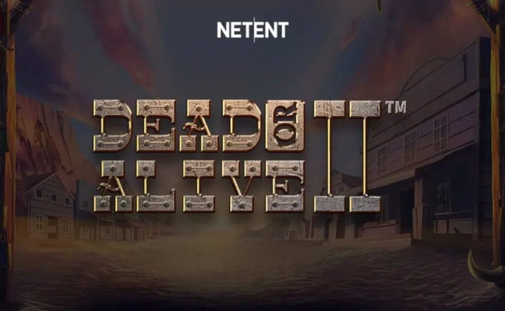 Dead or Alive 2 online slot logo against a Western background with wooden structures and a mountain.