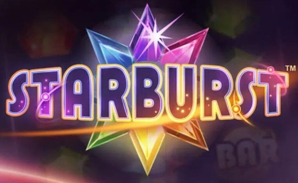 Starburst online slot logo in yellow and purple with gemstones around the logo.
