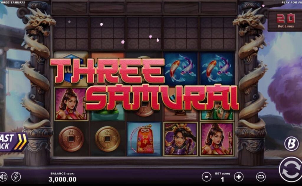 Three Samurai online slot with a red logo across the reels. The reels are situated in a Japanese house with dragon pillars.