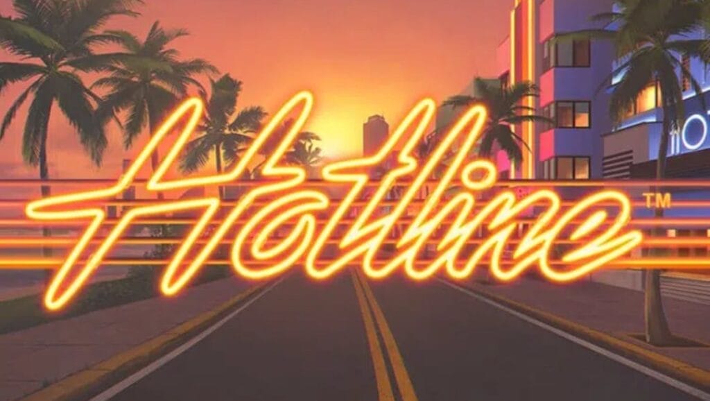 Hotline online slot logo in neon orange against a Miami setting background with apartments and palm trees.