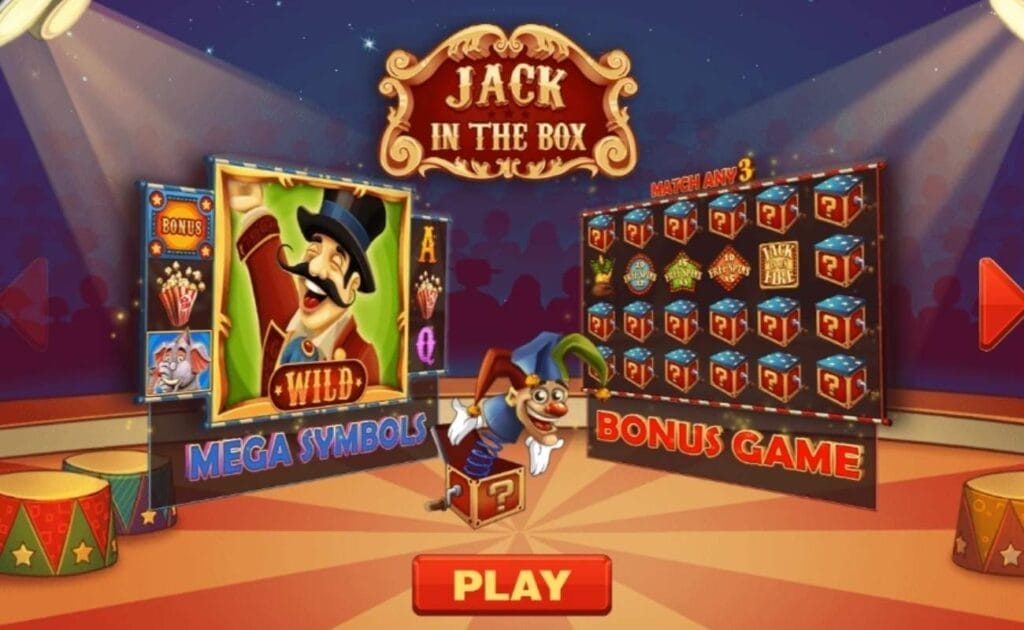 Jack in the Box online slot with a circus arena and two sets of reels explaining the mega symbols and bonus game features. The background shows the silhouette of an audience.