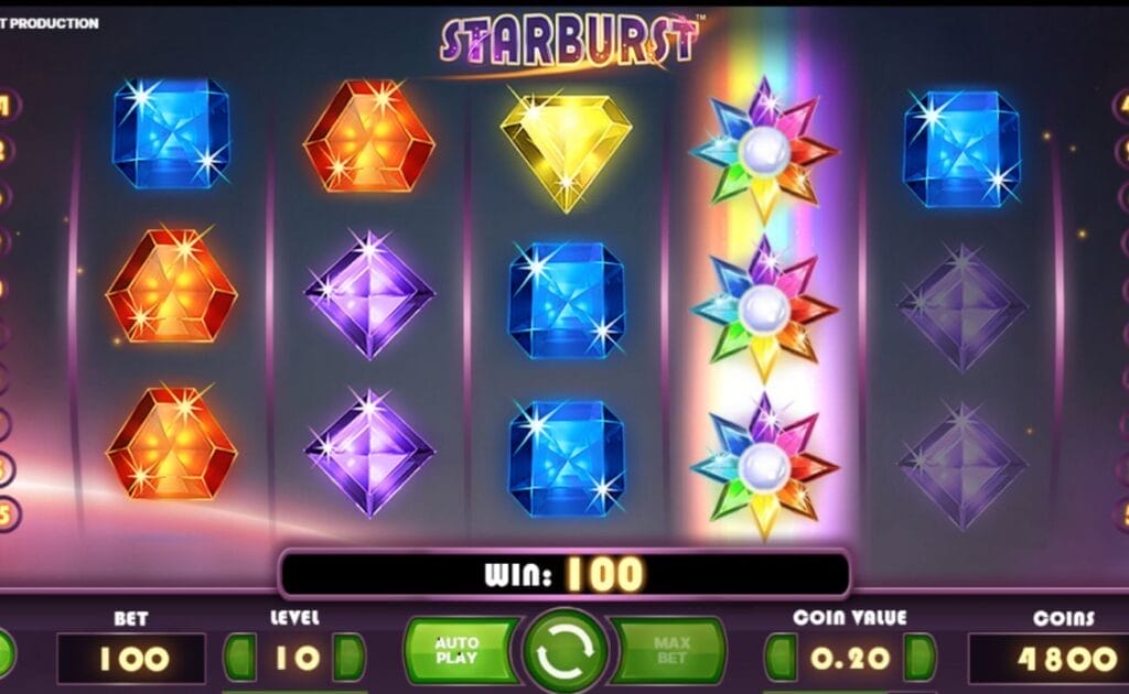 Starburst online slot with blue, purple and yellow gemstones on the reels. The control panel is located below the reels with green buttons.