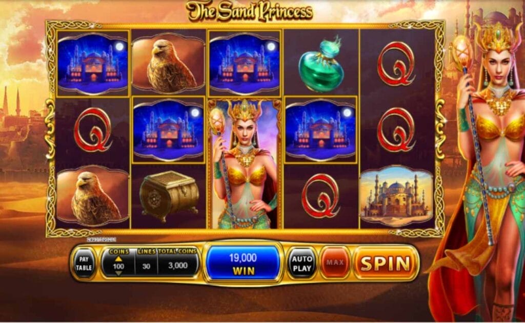 The Sand Princess online slot with gold framed reels containing an Arabian palace, treasure chest, a falcon, potion and the Sand Princess. The background contains an Arabian setting with sand and palaces.