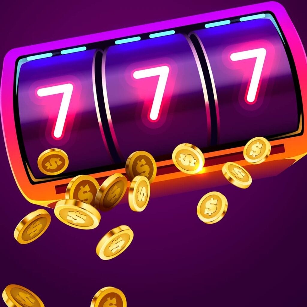 A slot reel with three neon 7s and gold coins flowing from it.