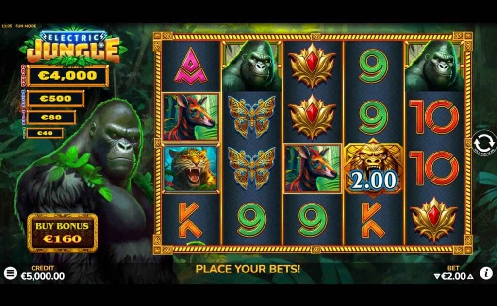 A screenshot of the Electric Jungle screen showing a gorilla on the left, beside reels showing symbols that include A, K, 9s,10s, butterflies, jaguars, antelope, gorillas, and emblems. The words “Place your bets” are written beneath the reels.