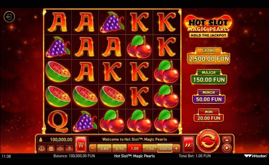 A screenshot of Hot Slot: Magic Pearls. The game is set against a fiery background, while the reels contain several classic slot symbols. These include cherries, grapes, watermelons, and A, K, and Q symbols.