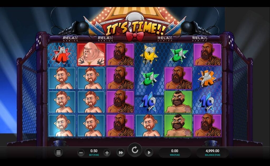 A screenshot of the It’s Time slot. The game is set against a mixed martial arts cage with spotlights shining behind it. The reels are filled with cartoonish fighters, as well as playing card symbols K, Q, and J.