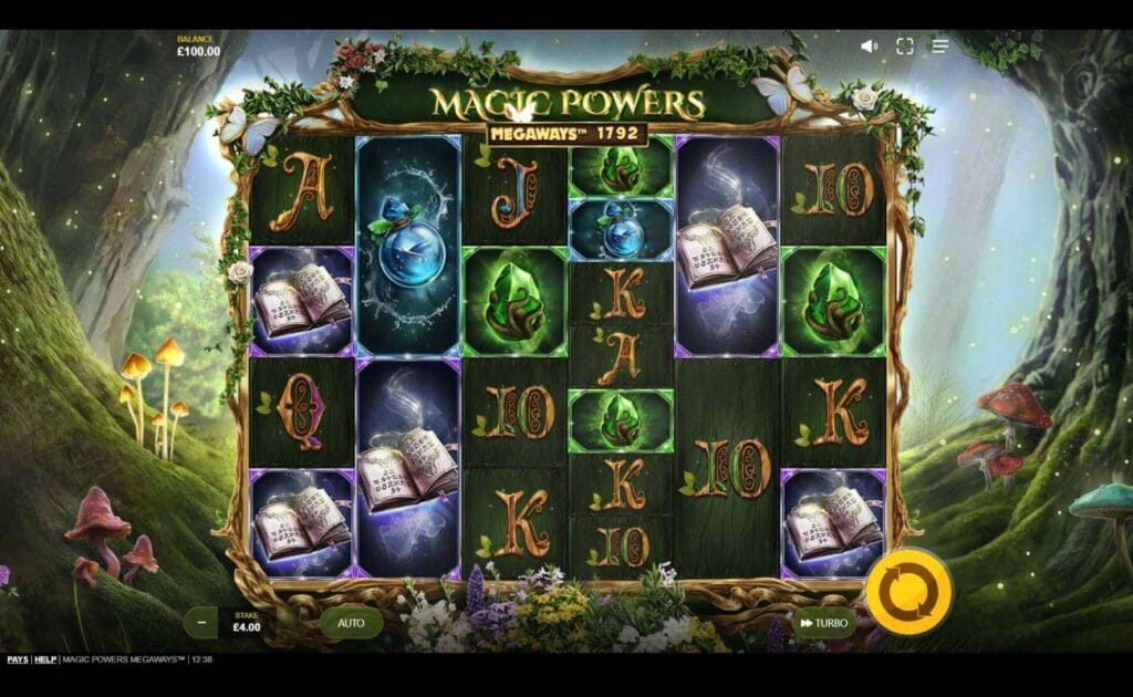 A screenshot of the Magic Powers slot. The game is set in a magical forest filled with glittering lights, picturesque trees, and magical mushrooms. The reels contain a variety of magic-themed symbols, including spellbooks, glowing gems, and liquid-filled magic flasks, as well as playing card symbols like A, K, Q, and J. 