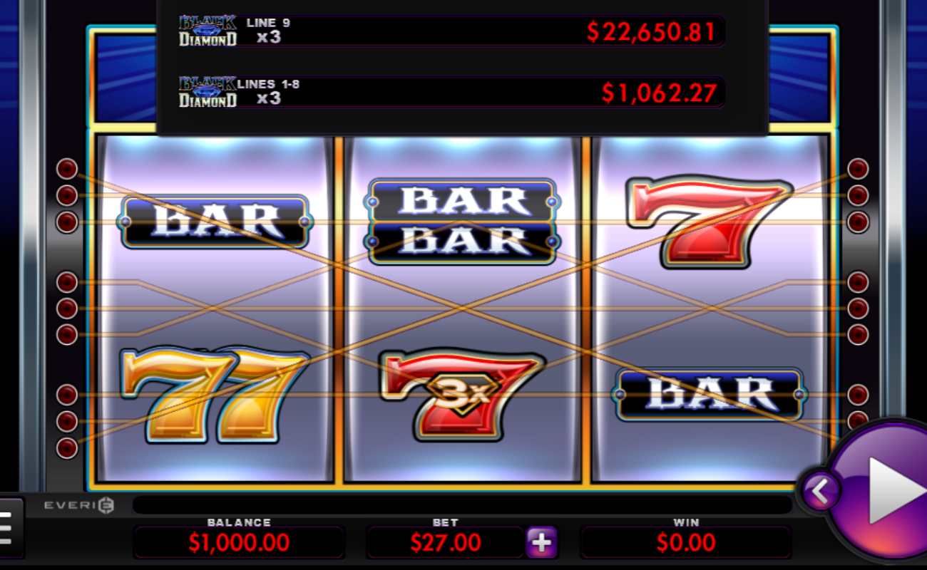 Black Diamond online slot with red and orange sevens and the bar symbols. The online slot has a classic slot machine look with a purple play button.