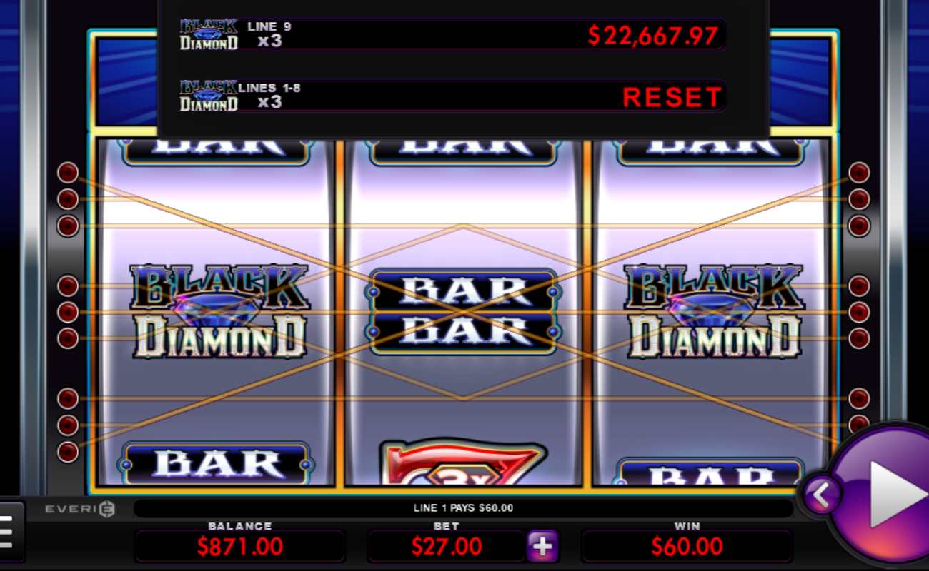 Black Diamond online slot with a winning combination on the reels. The background of the reels are blue and black. Symbols such as the bar and sevens are on the reels.